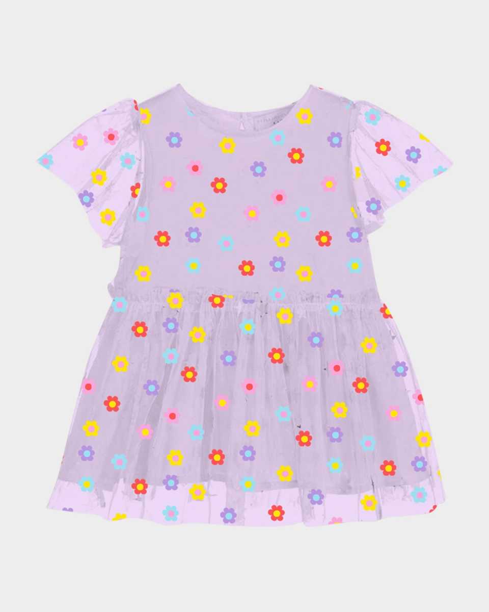 Girl's Flowers Tulle Short-Sleeve Dress, Size 6M-18